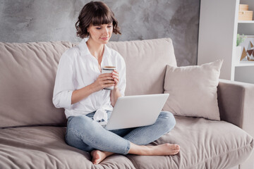 Sticker - Full length photo of attractive happy positive young woman hold hands mug look laptop indoors inside house home