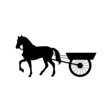 Silhouette Horse Harnessed To Cart. Traditional Rural Transportation
