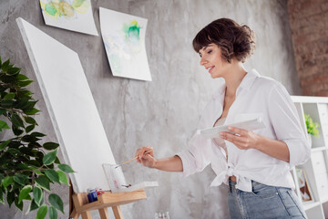 Poster - Profile photo of nice brunette young lady paint wear white shirt at home alone