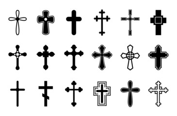 Sticker - Christian crosses. Cross icons, orthodox catholic religious symbols. Isolated decorative holy elements, church outline logo exact vector collection