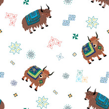 Seamless Pattern With Domestic Yak And Tibetan Elements. Cute Vector Hand Drawn Yak Background. Vector Illustration Isolated On White Background
