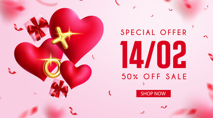 Wall Mural - Valentine's day sale vector banner design. Valentines day special offer text up to 50% off discount for valentine gifts and celebration elements shopping promotion ads. Vector illustration.
