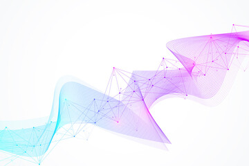 Poster - Abstract plexus background with connected lines and dots. Wave flow. Plexus geometric effect Big data with compounds. Lines plexus, minimal array. Digital data visualization, illustration
