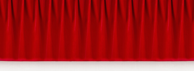 Wall Mural - Rich classic abstract theatre scene with red silk curtains with smooth waves and white wood floor as banner for website. Empty stage background for design of header, showing, presentation of produce.
