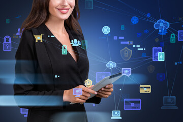 Poster - Smiling businesswoman holding tablet device and browsing the Int