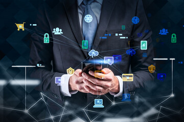 Poster - Front view of businessman in formal suit holding smartphone and browsing the Internet, blue and yellow glowing information icons. Concept of cyber security and protection of confidential information.