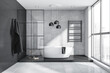 Modern grey and white bathroom with oval bathtub and pendant lamps