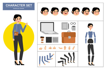 Wall Mural - 3\4 view animated characters. Office woman character constructor with various views, face emotions, poses, gestures and office tools. Cartoon style, flat vector illustration