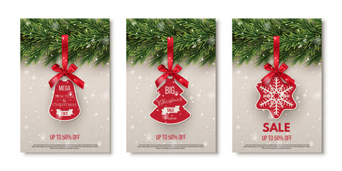 Wall Mural - Christmas sale banner set, snowflake or Christmas tree label with discount special offer