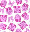 Vector seamless pattern cute gift boxes decorated with pink ribbons and bows. Colorful festive background with present boxes. Design print for wrapping paper, wallpapers, fabric, Holiday presents