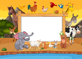 Sticker - Empty wooden frame with various wild animals in the forest