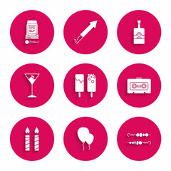 Wall Mural - Set Ice cream, Balloons with ribbon, Grilled shish kebab, Retro audio cassette tape, Birthday cake candles, Martini glass, Whiskey bottle and Karaoke icon. Vector