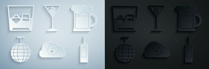 Poster - Set Music streaming service, Wooden beer mug, Disco ball, Bottle of wine, Martini glass and Glass whiskey and cubes icon. Vector