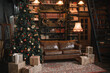 christmas home decoration in classic dark style with library, leather sofa, decorated Christmas tree
