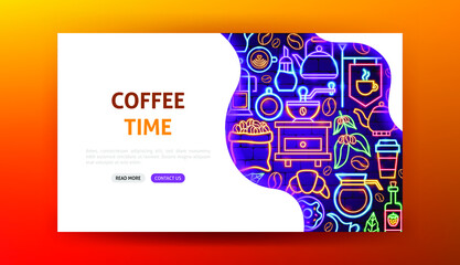 Poster - Coffee Time Neon Landing Page. Vector Illustration of Drink Promotion.