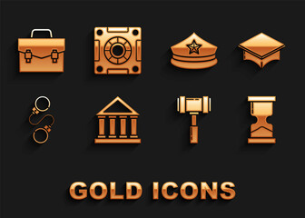 Sticker - Set Courthouse building, Graduation cap, Old hourglass, Judge gavel, Handcuffs, Police with cockade, Briefcase and Safe icon. Vector