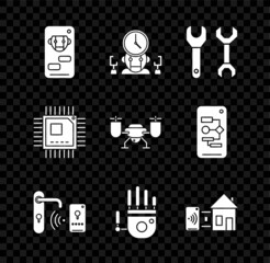 Poster - Set Bot, Spanner, Digital door lock with wireless technology for unlock, Mechanical robot hand, Smart home, Processor microcircuits CPU and Drone flying action camera icon. Vector