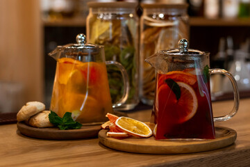 Dried fruits autumn tea on bokeh background.