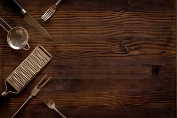 Set of kinchen appliance and utensils top view. Cooking background