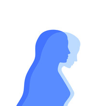 Blue Female Silhouette In Profile With A Translucent Projection. Mental Health Concept. Duality And Hidden Emotions