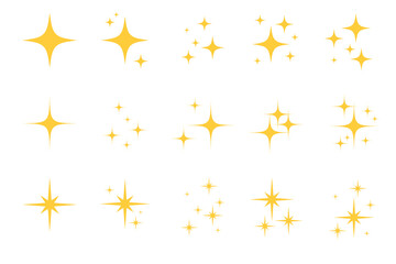 Wall Mural - Flash sparkle flat star icon set. Twinkle star silhouette for gold sparkle, yellow glitter light, magic shiny flare effect. Isolated vector illustration.