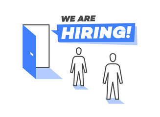 Poster - We are hiring symbol with an opened company door and new members of a team or new employees - light version.