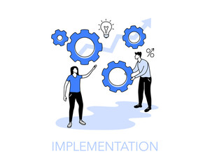 Illustration of an implementation symbol with two people, one putting a cogwheel to a process gear. Easy to use for your website or presentation.