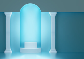 Poster - Podium stand in architectural style. Place to showcase product. Podium stand for your product. Podium with architectural columns. Exhibition stand. Place for text on turquoise background. 3d image.