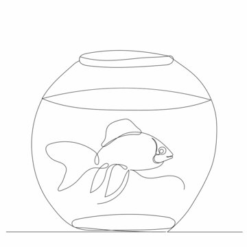 small fish in aquarium drawing by one continuous line, vector