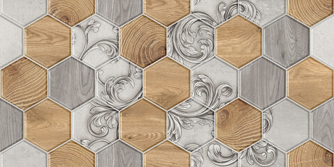 Digital colorful wall tile design for washroom and kitchen. Wood and concrete seamless background with geometric shapes, monogram floral ornament. Template for textile, apparel, card, invitation