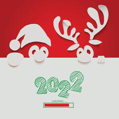 Wall Mural - White paper cut Santa Claus and Reindeer greeting card with loading year 2022 isolated on a red background,vector illustration