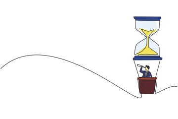 Poster - Single continuous line drawing businessman in hot air balloon hourglass looking with telescope. Business time management. Success, champion, victory, sandglass. One line design vector illustration