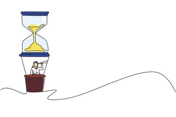 Poster - Single one line drawing Arabian businessman in hot air balloon hourglass looking with telescope. Business time management. Success, champion, sandglass. Continuous line draw design vector illustration