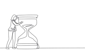 Poster - Continuous one line drawing confident young happy businesswoman hugging on huge hourglass. Time management or successfully task organizing concept. Single line draw design vector graphic illustration