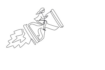 Poster - Single one line drawing cute businesswoman riding rocket hourglass flying through sky. Business time management. Success, champion, victory, sandglass. Continuous line draw design vector illustration