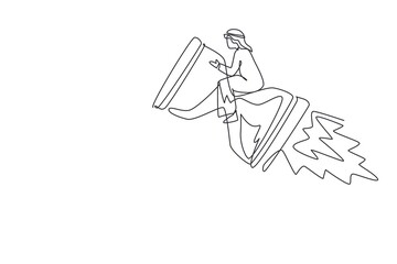 Poster - Single one line drawing Arabian businessman riding rocket hourglass flying through sky. Business time management. Success, champion, victory, sandglass. Continuous line draw design vector illustration
