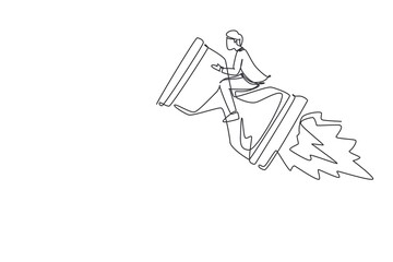 Poster - Single one line drawing businessman riding rocket hourglass flying through sky. Business time management. Success, champion, victory, sandglass. Continuous line draw design graphic vector illustration