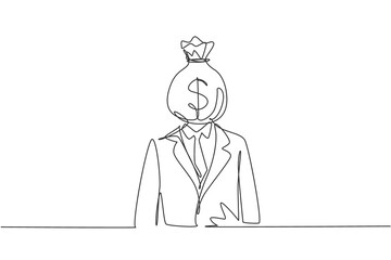 Poster - Single continuous line drawing businessman with money bag instead of head, symbolizing avarice, broker, money, success. Money bag with dollar sign. One line draw graphic design vector illustration