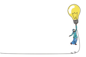 Poster - continuous one line drawing arabian businesswoman flying holding idea bulbs. office worker in suit. 