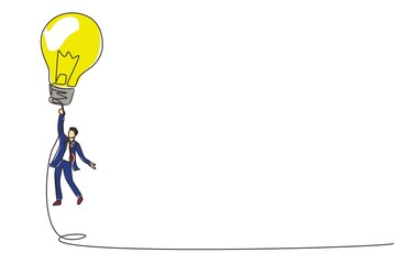 Poster - single continuous line drawing businessman flying holding idea bulbs. big idea to solve business pro