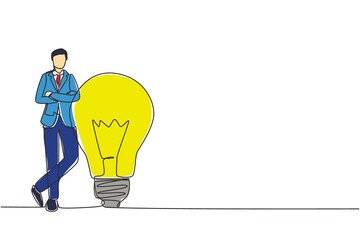 Poster - Continuous one line drawing businessman leaning on giant lightbulb, business idea. Business people have ideas leaning against the lamp symbol is good idea. Single line draw design vector illustration