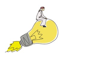 Poster - continuous one line drawing arabian businessman riding idea light bulb flying through sky. new idea,