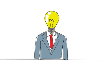 Poster - single one line drawing businessman with light bulb instead of head. business idea. huge glowing lig