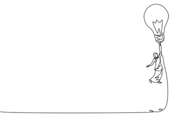 Poster - continuous one line drawing arabian businesswoman flying holding idea bulbs. office worker in suit. 