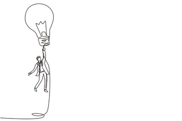 Poster - single continuous line drawing businessman flying holding idea bulbs. big idea to solve business pro