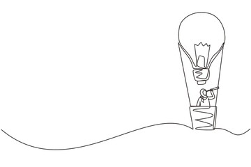 Poster - Single continuous line drawing Arabian businesswoman watching through telescope in hot air balloon-light bulb. Woman in lightbulb balloon search to business idea planning. One line draw design vector