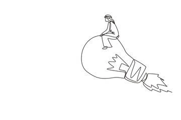 Poster - continuous one line drawing arabian businessman riding idea light bulb flying through sky. new idea,
