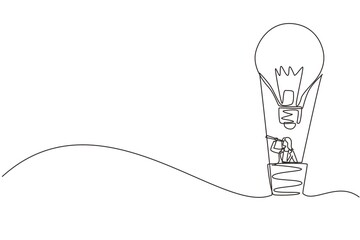 Wall Mural - Continuous one line drawing businesswoman watching through telescope in hot air balloon-light bulb. Woman in lightbulb balloon search to business idea planning ahead. Single line draw design vector