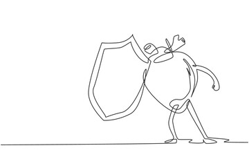 Poster - Single one line drawing human heart organ mascot holding shield for protection. Health of cardiovascular system. Power and strength of heart organ. Continuous line draw design vector illustration