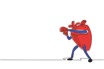 Poster - Single continuous line drawing cartoon anatomical human heart organ mascot in red boxing gloves. Health of cardiovascular system. Power and strength of heart organ. One line draw graphic design vector